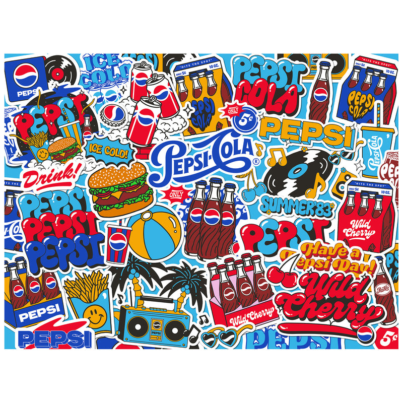 The ROSEART - SNACK ASSORTMENT - PEPSI COLA 500 PIECE JIGSAW PUZZLE features a vibrant collage with Pepsi Cola logos, bottles, burger, cherry illustrations, and summer motifs. Retro design elements blend to celebrate the classic brand in a playful and colorful manner.