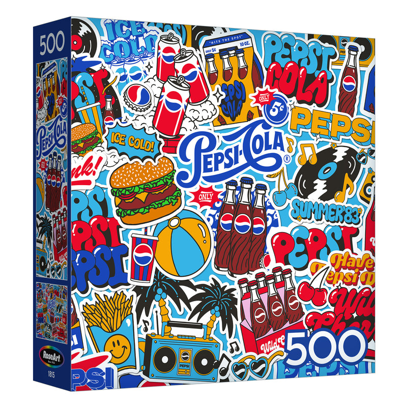 Explore the ROSEART Pepsi Cola 500-piece jigsaw puzzle featuring a lively collage of retro logos, cans, and playful images such as burgers, beach balls, and palm trees.