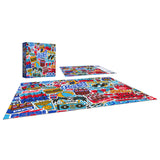 The ROSEART SNACK ASSORTMENT PEPSI COLA 500-piece jigsaw puzzle displays a vibrant collage of Pepsi-themed graphics, with a matching box featuring the design.