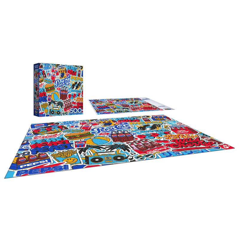 The ROSEART SNACK ASSORTMENT PEPSI COLA 500-piece jigsaw puzzle displays a vibrant collage of Pepsi-themed graphics, with a matching box featuring the design.
