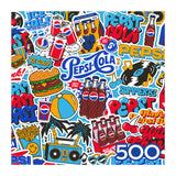 The ROSEART SNACK ASSORTMENT PEPSI COLA 500-piece jigsaw puzzle showcases a vibrant collage of vintage Pepsi logos, soda bottles, burgers, fries, beach balls, palm trees, and a boombox for nostalgic summer vibes.