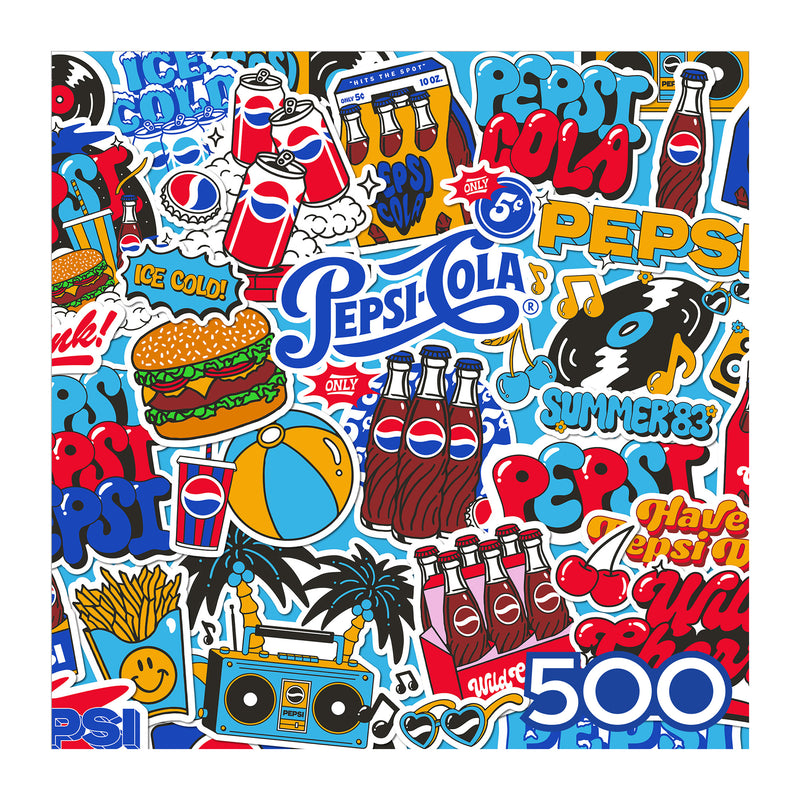 The ROSEART SNACK ASSORTMENT PEPSI COLA 500-piece jigsaw puzzle showcases a vibrant collage of vintage Pepsi logos, soda bottles, burgers, fries, beach balls, palm trees, and a boombox for nostalgic summer vibes.