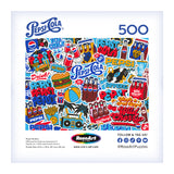 The ROSEART - SNACK ASSORTMENT - PEPSI COLA is a vibrant 500-piece jigsaw puzzle showcasing an array of retro Pepsi-themed stickers, including logos, bottles, and slogans.
