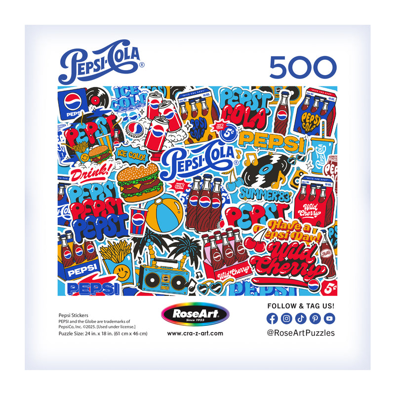 The ROSEART - SNACK ASSORTMENT - PEPSI COLA is a vibrant 500-piece jigsaw puzzle showcasing an array of retro Pepsi-themed stickers, including logos, bottles, and slogans.