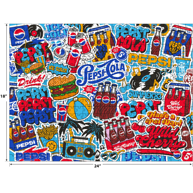 The ROSEART Snack Assortment Pepsi Cola 500-piece jigsaw puzzle features a vibrant collage of vintage Pepsi Cola memorabilia, including logos, bottles, cans, hamburgers, fries, and palm trees on a blue backdrop.