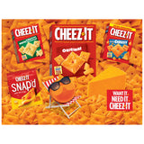 The ROSEART 500-Piece Cheez-It Snack Assortment Jigsaw Puzzle features original, white cheddar, extra cheesy, and Snap'd Cheez-Its with a cheese wedge and an orange ball in sunglasses on a chair, perfect for puzzlers who love snacks.