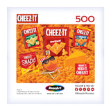 A wedge of cheese and Cheez-Its boxes sit against a crispy cracker backdrop, as a sunglasses-wearing character relaxes with a snack assortment. Text says, "Want it. Need it. Cheez-It." Also featured is the ROSEART SNACK ASSORTMENT - CHEEZ ITS - 500 PIECE JIGSAW PUZZLE.