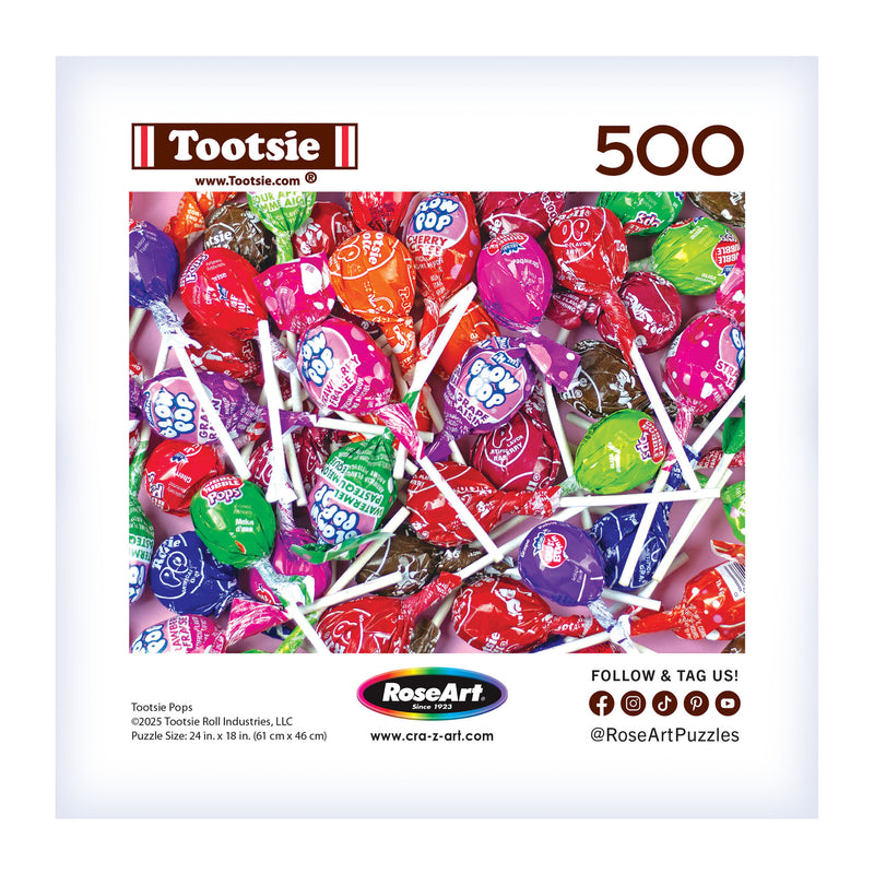 The ROSEART - SNACK ASSORTMENT - TOOTSIE 500-piece jigsaw puzzle features a vibrant array of colorful Tootsie Pop lollipop flavors.