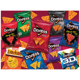 The ROSEART-SNACK ASSORTMENT-Doritos-500 PIECE JIGSAW PUZZLE features vibrant bags of Doritos flavors like Flamin' Hot, Cool Ranch, and 3D Crunch on a red background, creating a colorful, snack-themed puzzle challenge.