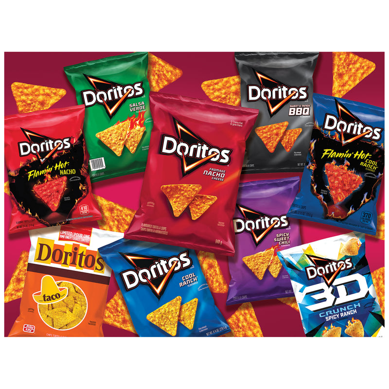 The ROSEART-SNACK ASSORTMENT-Doritos-500 PIECE JIGSAW PUZZLE features vibrant bags of Doritos flavors like Flamin' Hot, Cool Ranch, and 3D Crunch on a red background, creating a colorful, snack-themed puzzle challenge.