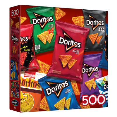 Doritos Jigsaw Puzzle-500 PIECE PUZZLE features a vibrant red box with various Doritos flavors, including Nacho Cheese, Cool Ranch, Spicy Nacho, BBQ, Salsa Verde, and Dinamita.
