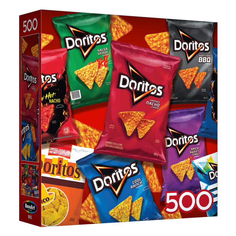 Doritos Jigsaw Puzzle-500 PIECE PUZZLE features a vibrant red box with various Doritos flavors, including Nacho Cheese, Cool Ranch, Spicy Nacho, BBQ, Salsa Verde, and Dinamita.
