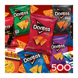 The ROSEART-SNACK ASSORTMENT-Doritos-500 PIECE JIGSAW PUZZLE features colorful Doritos chip bags—Nacho Cheese, Cool Ranch, and Spicy Sweet Chili—arranged on a red and white background, perfect for chip fans and puzzle lovers alike.