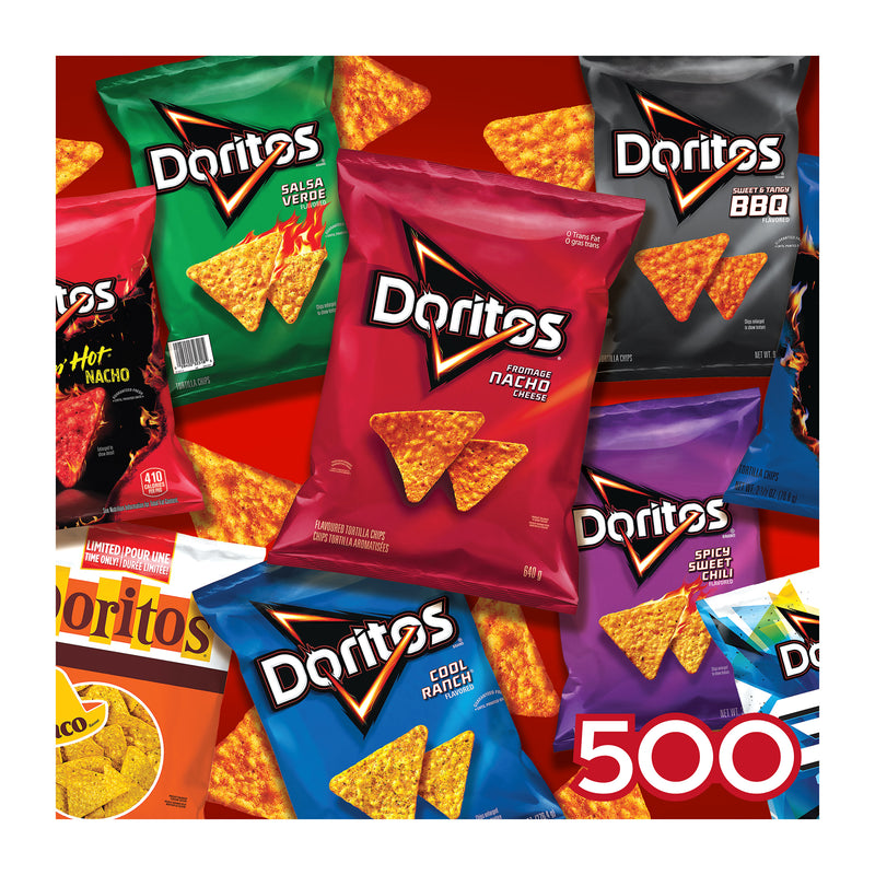 The ROSEART-SNACK ASSORTMENT-Doritos-500 PIECE JIGSAW PUZZLE features colorful Doritos chip bags—Nacho Cheese, Cool Ranch, and Spicy Sweet Chili—arranged on a red and white background, perfect for chip fans and puzzle lovers alike.