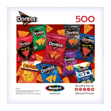 The ROSEART-SNACK ASSORTMENT-Doritos-500 PIECE JIGSAW PUZZLE features assorted Doritos chip bags on a bold red background for a fun, snack-themed puzzle challenge.