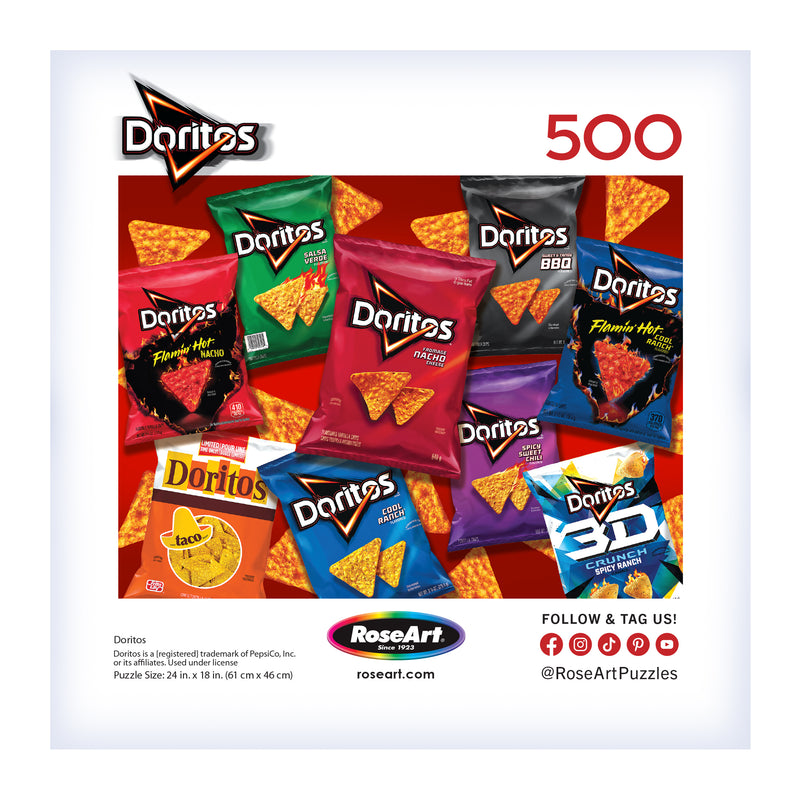 The ROSEART-SNACK ASSORTMENT-Doritos-500 PIECE JIGSAW PUZZLE features assorted Doritos chip bags on a bold red background for a fun, snack-themed puzzle challenge.