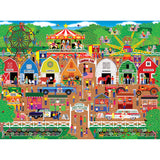 Colorful county fair scene featuring carnival rides, farm animal barns, food stalls, and various fairgoers engaging in activities depicted in the RoseArt - Home Country - Farm Country Fair - 1000 Piece Jigsaw Puzzle.