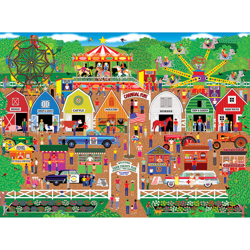 Colorful county fair scene featuring carnival rides, farm animal barns, food stalls, and various fairgoers engaging in activities depicted in the RoseArt - Home Country - Farm Country Fair - 1000 Piece Jigsaw Puzzle.