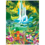 A vibrant jungle scene with flowers, plants, and a waterfall appears on the ROSEART - HEBE STUDIO - CHASING WATERFALLS 300 piece jigsaw puzzle.