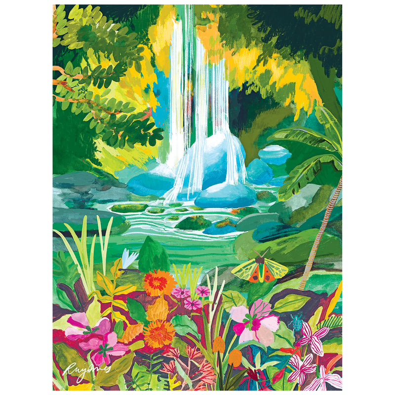 A vibrant jungle scene with flowers, plants, and a waterfall appears on the ROSEART - HEBE STUDIO - CHASING WATERFALLS 300 piece jigsaw puzzle.