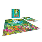 The completed ROSEART - HEBE STUDIO - CHASING WATERFALLS 300 piece jigsaw puzzle, featuring a colorful waterfall and floral scene, is shown next to its box and reference image.