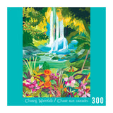 Colorful illustration of a tropical landscape with vibrant flowers and a waterfall; text reads "Chasing Waterfalls" and "300". The ROSEART HEBE STUDIO 300 piece jigsaw puzzle is perfect for nature lovers.