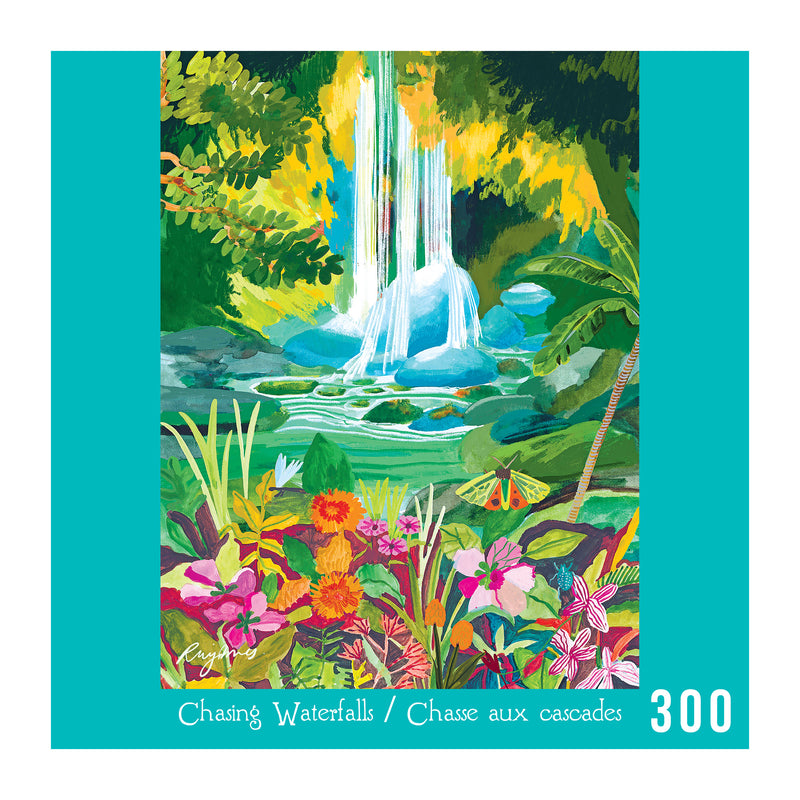 Colorful illustration of a tropical landscape with vibrant flowers and a waterfall; text reads "Chasing Waterfalls" and "300". The ROSEART HEBE STUDIO 300 piece jigsaw puzzle is perfect for nature lovers.