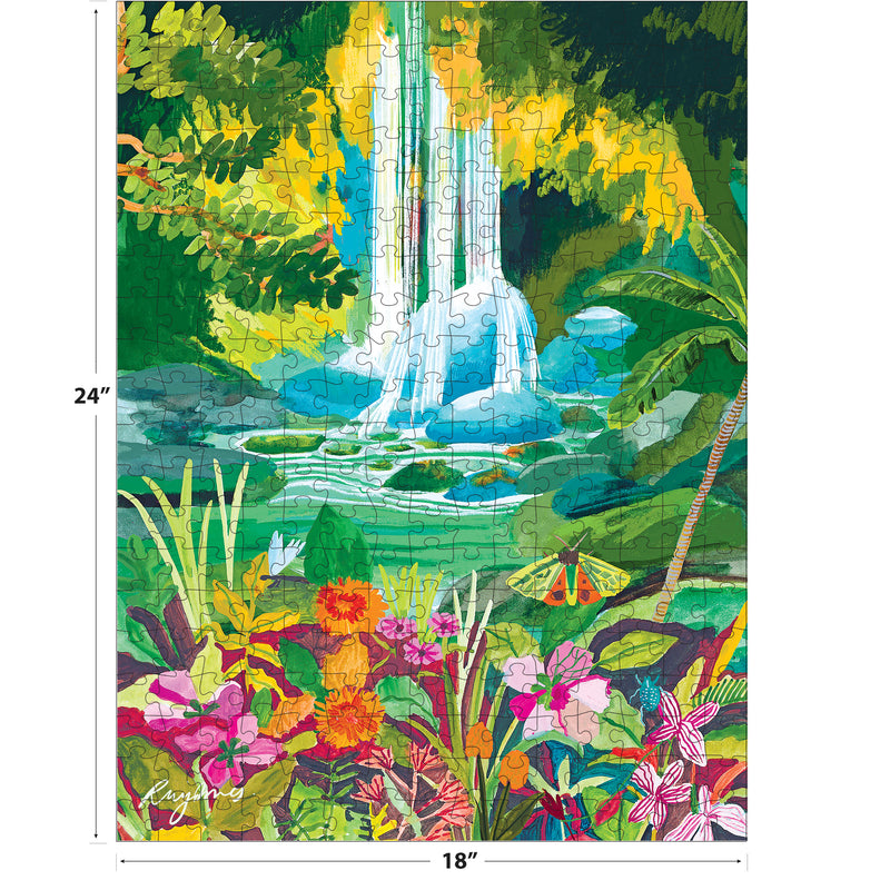 The ROSEART - HEBE STUDIO - CHASING WATERFALLS 300 piece jigsaw puzzle features a vibrant tropical scene with a waterfall, lush greenery, and flowers; finished size is 24" x 18".