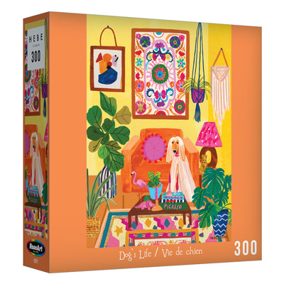 The ROSEART - HEBE STUDIO - DOG'S LIFE 300-piece jigsaw puzzle features a colorful illustration of a dog on a red couch in an eclectic living room with plants and framed art.