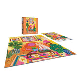 A completed ROSEART - HEBE STUDIO - DOG'S LIFE 300 piece jigsaw puzzle is displayed with its colorful box and reference image, featuring a lively illustrated indoor scene filled with plants and artwork.