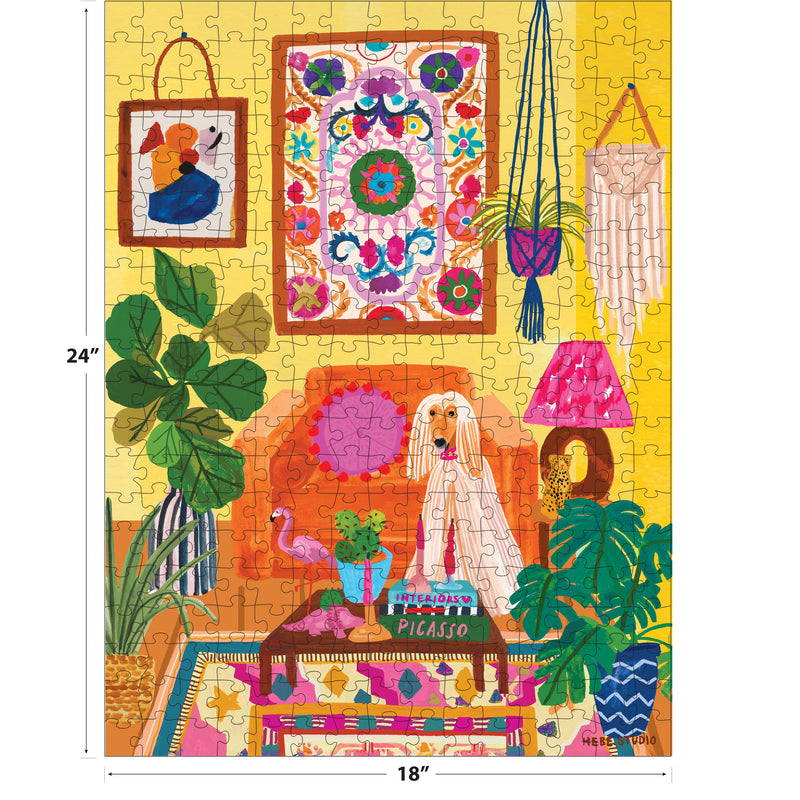 A vibrant living room with plants, art, a pink lamp, and a white dog on an orange sofa is featured on the ROSEART - HEBE STUDIO - DOG'S LIFE - 300 PIECE JIGSAW PUZZLE. A coffee table displays books and a pink bird figurine.