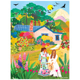 Two women stand in a vibrant garden with flowers, trees, birds, and a house, mountains and sun beyond—perfect for relaxing with the ROSEART - HEBE STUDIO - IN THE GARDEN - 300 PIECE JIGSAW PUZZLE.