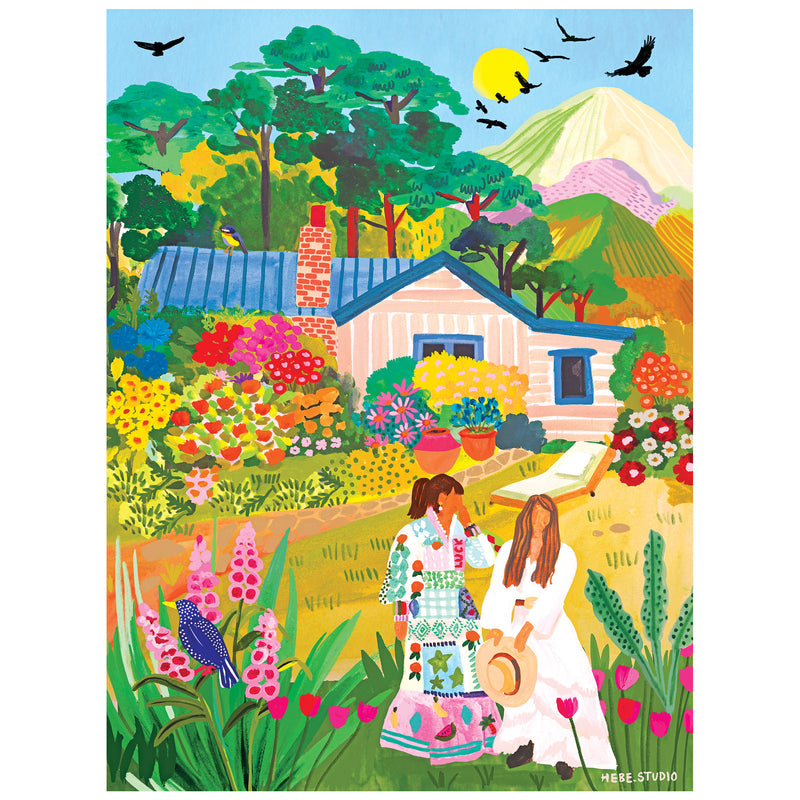 Two women stand in a vibrant garden with flowers, trees, birds, and a house, mountains and sun beyond—perfect for relaxing with the ROSEART - HEBE STUDIO - IN THE GARDEN - 300 PIECE JIGSAW PUZZLE.