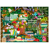 The ROSEART SEEK & FIND Gardener's Library 1000 piece jigsaw puzzle showcases a vibrant collage of garden tools, plants, books, flowers, seeds, a birdcage, signs, string lights, and more arranged on shelves.