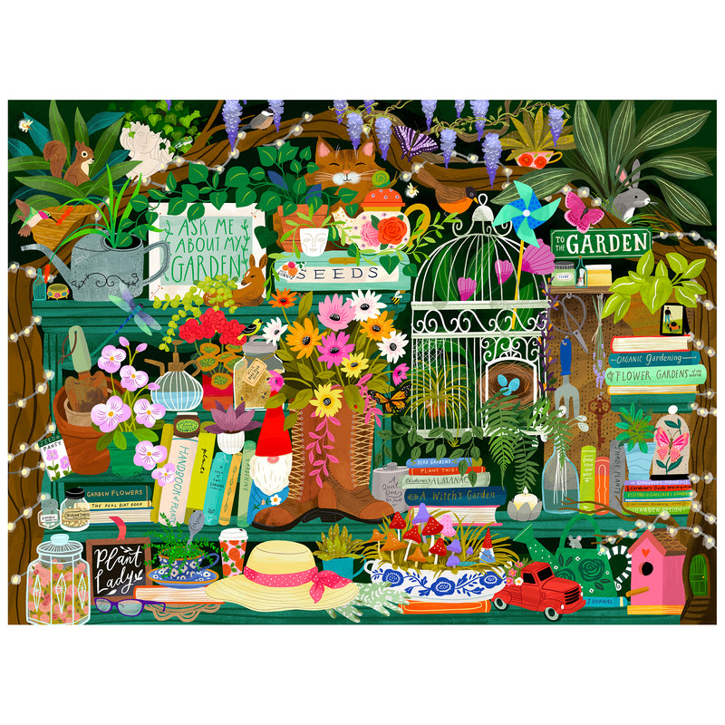 The ROSEART SEEK & FIND Gardener's Library 1000 piece jigsaw puzzle showcases a vibrant collage of garden tools, plants, books, flowers, seeds, a birdcage, signs, string lights, and more arranged on shelves.