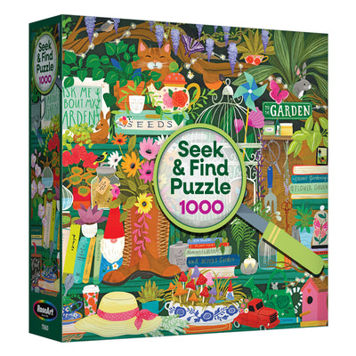 The ROSEART SEEK & FIND Gardener's Library 1000 piece jigsaw puzzle features vibrant garden-themed illustrations and hidden objects—perfect for puzzle lovers and gardening enthusiasts.