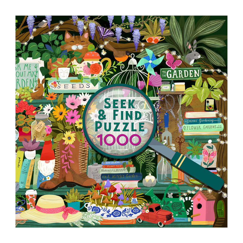Illustration of a busy garden shed with plants, tools, and signs, plus a magnifying glass revealing "ROSEART - SEEK & FIND - GARDENER'S LIBRARY - 1000 PIECE JIGSAW PUZZLE"—a charming challenge for gardening fans.