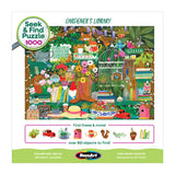 The ROSEART SEEK & FIND Gardener's Library 1000 Piece Jigsaw Puzzle features illustrated shelves with gardening tools, plants, books, and animals for a fun seek-and-find adventure in a charming gardener’s library.