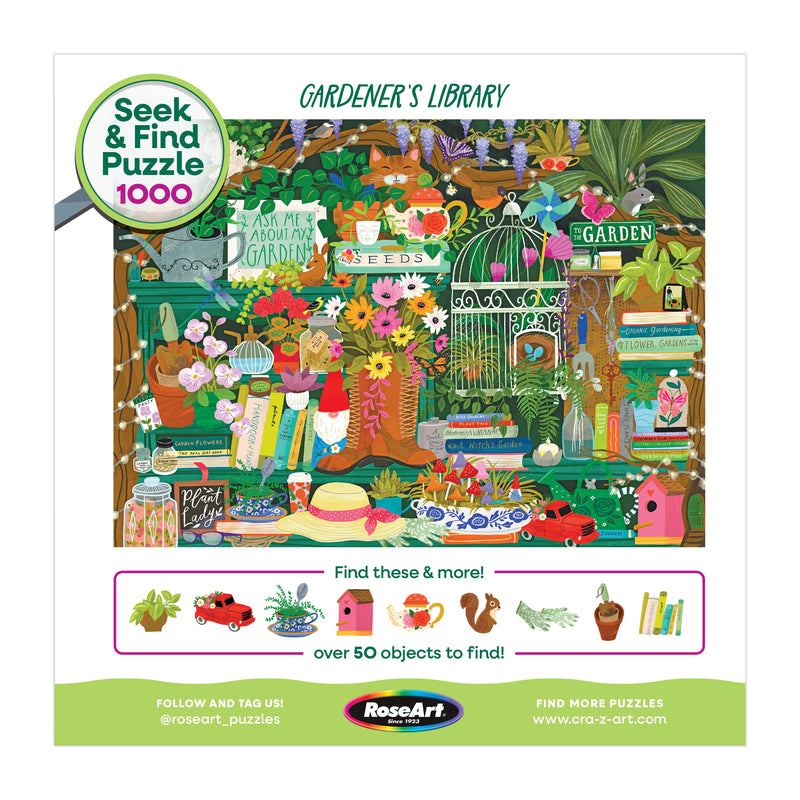 The ROSEART SEEK & FIND Gardener's Library 1000 Piece Jigsaw Puzzle features illustrated shelves with gardening tools, plants, books, and animals for a fun seek-and-find adventure in a charming gardener’s library.