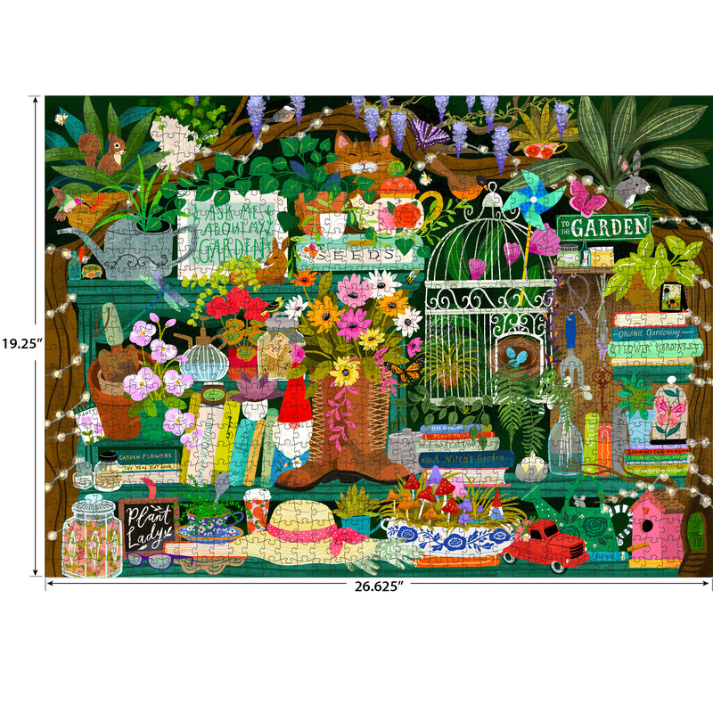 The ROSEART Seek & Find Gardener's Library 1000 piece jigsaw puzzle features colorful illustrations of plants, books, tools, and flowers on shelves. Finished size: 19.25" x 26.625".