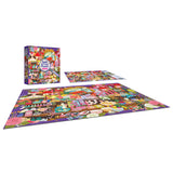 The ROSEART Seek & Find Paris Perfume Shop 1000 piece jigsaw puzzle is shown assembled with its box and a reference sheet featuring the completed image of a charming Paris perfume shop.