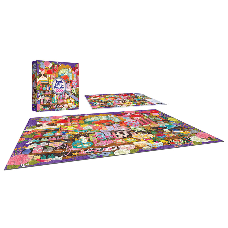 The ROSEART Seek & Find Paris Perfume Shop 1000 piece jigsaw puzzle is shown assembled with its box and a reference sheet featuring the completed image of a charming Paris perfume shop.