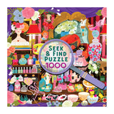 A colorful illustration of a bustling vanity scene with flowers, trinkets, and a magnifying glass highlights ROSEART - SEEK & FIND - PARIS PERFUME SHOP, a charming 1000 piece jigsaw puzzle inspired by an elegant Paris perfume shop.
