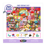The ROSEART SEEK & FIND PARIS PERFUME SHOP 1000-piece jigsaw puzzle features a vibrant perfume shop scene with unique bottles, flowers, and over 50 hidden objects to discover.
