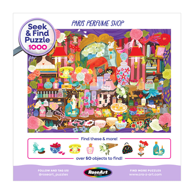 The ROSEART SEEK & FIND PARIS PERFUME SHOP 1000-piece jigsaw puzzle features a vibrant perfume shop scene with unique bottles, flowers, and over 50 hidden objects to discover.