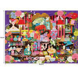 The ROSEART SEEK & FIND Paris Perfume Shop 1000 piece jigsaw puzzle features vintage bottles, flowers, and vanity items on shelves. Finished size: 19.25" x 26.625".