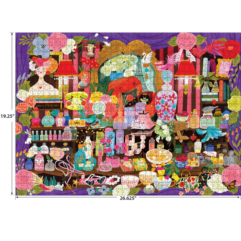 The ROSEART SEEK & FIND Paris Perfume Shop 1000 piece jigsaw puzzle features vintage bottles, flowers, and vanity items on shelves. Finished size: 19.25" x 26.625".