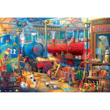 Colorful illustration of a busy train station, featuring a vibrant red train, various animals including cats and birds, musical instruments, luggage, and a polar bear near a ticket office. This is the RoseArt - Kodak Collector - Train Station - 2000 Piece Jigsaw Puzzle.