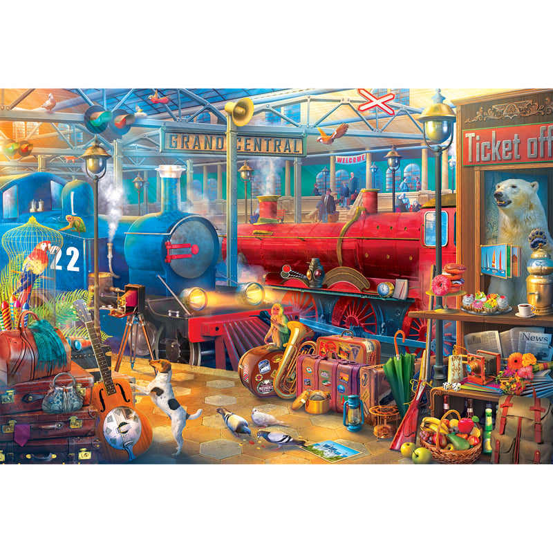 Colorful illustration of a busy train station, featuring a vibrant red train, various animals including cats and birds, musical instruments, luggage, and a polar bear near a ticket office. This is the RoseArt - Kodak Collector - Train Station - 2000 Piece Jigsaw Puzzle.