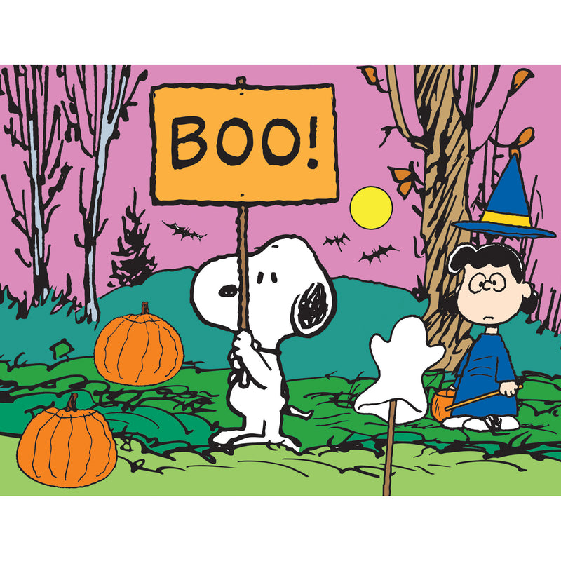 A dog holding a RoseArt - Peanuts Halloween - Boo! - 100 Piece Jigsaw Puzzle sign walks in a Halloween-themed forest with pumpkins. A child in a witch costume follows, while bats fly against a purple sky.